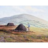 Liam Reilly - BAGGING TURF - Oil on Canvas - 14 x 18 inches - Signed