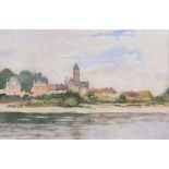 Leopold Rivers RBA - VILLAGE AT THE EDGE OF THE WATER - Watercolour Drawing - 5 x 8 inches -Signed