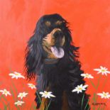 Roland Keefer - DOG ON RED - Oil on Board - 24 x 24 inches - Signed
