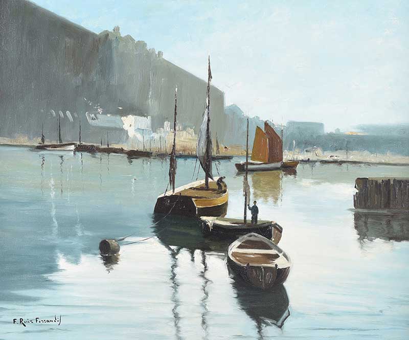 F.R. Fezzandil - HARBOUR, CORNWALL - Oil on Canvas - 19 x 24 inches - Signed