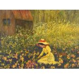 B. Whitty - GIRL PICKING FLOWERS - Oil on Board - 12 x 16 inches - Signed