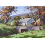 Donal McNaughton - BRIDGE BY THE COTTAGE - Oil on Board - 16 x 22 inches - Signed