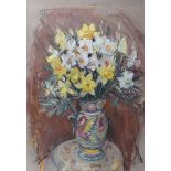 Hilary Bryson - STILL LIFE, DAFFODILS IN A JUG WITH TWO HANDLES - Pastel on Paper - 28 x 20 inches -