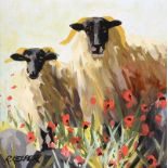 Ronald Keefer - SHEEP & POPPIES - Oil on Board - 12 x 12 inches - Signed