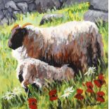 Ronald Keefer - SHEEP & LAMB - Oil on Board - 20 x 20 inches - Signed