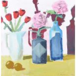 Spillane - STILL LIFE, BOTTLES & FLOWERS - Mixed Media - 23.5 x 23.5 inches - Signed