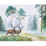 Andy Saunders - STAGS & FIR TREES - Watercolour Drawing - 8 x 10 inches - Signed