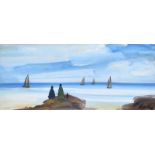 Markey Robinson - WATCHING THE SAIL BOATS - Gouache on Board - 5 x 12 inches - Signed