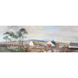 Gerald Walby - IRISH THATCHED COTTAGE & FARM BUILDINGS - Oil on Canvas - 13 x 36 inches - Signed