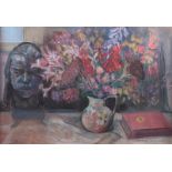 Hilary Bryson - STILL LIFE, LATE SUMMER ARRANGEMENT & DARK HEAD - Pastel on Paper - 21 x 30 inches -