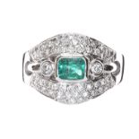 18CT WHITE GOLD EMERALD AND DIAMOND RING