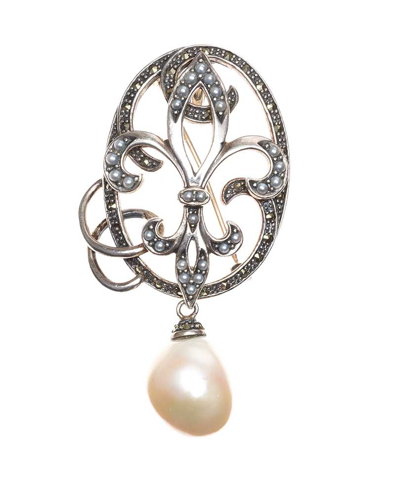 SILVER TONE PEARL AND MARCASITE BROOCH/PENDANT