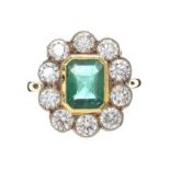 18CT GOLD EMERALD AND DIAMOND CLUSTER RING