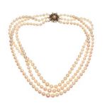 TRIPLE STRAND OF CULTURED PEARLS WITH 9CT GOLD GARNET CLASP