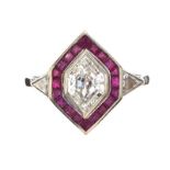 WHITE METAL RUBY AND DIAMOND TARGET RING