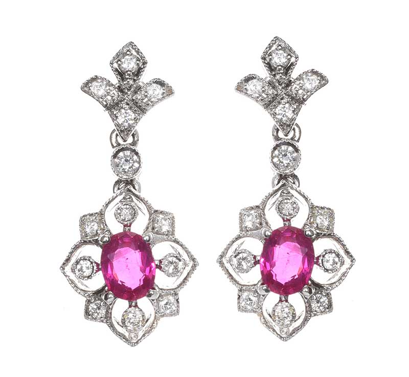 18CT WHITE GOLD RUBY AND DIAMOND DROP EARRINGS