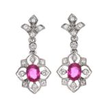18CT WHITE GOLD RUBY AND DIAMOND DROP EARRINGS