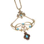 15CT GOLD TURQUOISE AND SEED PEARL PENDANT ON 9CT GOLD CHAIN