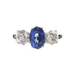 PLATINUM SAPPHIRE AND DIAMOND THREE STONE RING