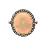 14CT GOLD SILVER-SET OPAL AND DIAMOND RING