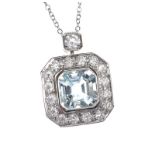 18CT WHITE GOLD AQUAMARINE AND DIAMOND NECKLACE