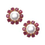 9CT GOLD PEARL AND RUBY EARRINGS