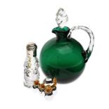 SILVER TOPPED PERFUME BOTTLE & SIX PLACE SETTINGS & A GREEN GLASS JUG
