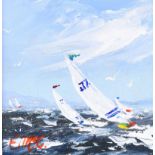 Edith McClelland - THE YACHT RACE - Oil on Canvas - 6 x 6 inches - Signed