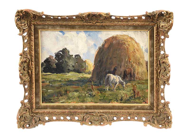 James Humbert Craig, RHA, RUA - YOUNG HORSES GRAZING - Oil on Board - 10 x 14 inches - Signed - Image 2 of 2