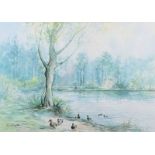 William Cunningham - DUCKS BY THE POND - Watercolour Drawing - 14 x 20 inches - Signed