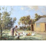 Frank McKelvey, RHA, RUA - FEEDING CHICKENS IN THE GLENS - Oil on Canvas - 15 x 20 inches - Signed