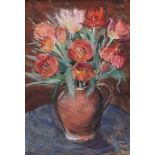 Hilary Bryson - STILL LIFE, RED TULIPS IN A TERRACOTTA JUG - Pastel on Paper - 16 x 10.5 inches -