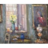 Liam Treacy - INTERIOR WITH LAMP - Oil on Board - 10 x 12 inches - Signed
