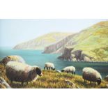 Keith Glasgow - SHEEP ABOVE MURLOUGH BAY, COUNTY ANTRIM - Coloured Print on Linen - 12 x 18 inches -