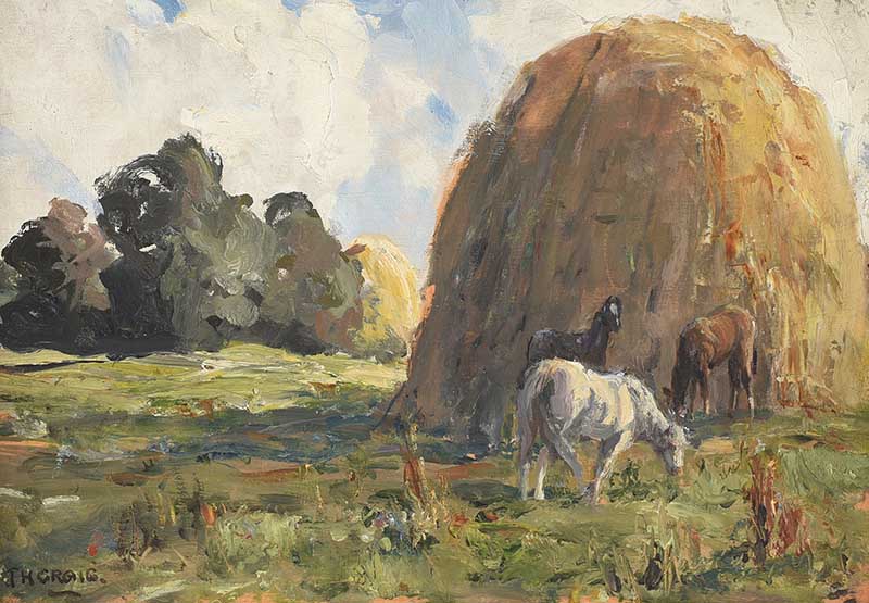 James Humbert Craig, RHA, RUA - YOUNG HORSES GRAZING - Oil on Board - 10 x 14 inches - Signed