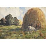 James Humbert Craig, RHA, RUA - YOUNG HORSES GRAZING - Oil on Board - 10 x 14 inches - Signed