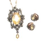 ANTIQUE CITRINE, PEARL AND MARCASITE PENDANT ON 9CT GOLD CHAIN WITH MATCHING GOLD AND SILVER EARRING