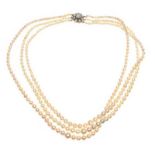 TRIPLE STRAND OF CULTURED PEARLS WITH 9CT GOLD CLASP