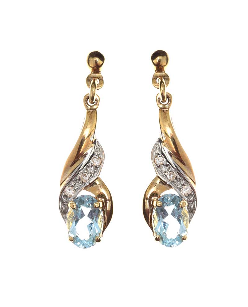 9CT GOLD AQUAMARINE AND DIAMOND EARRINGS