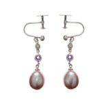 9CT WHITE GOLD CULTURED PEARL AND AMETHYST EARRINGS