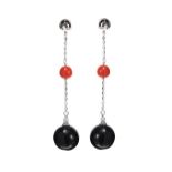 18CT WHITE GOLD ONYX, CORAL AND DIAMOND EARRINGS
