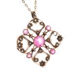 EDWARDIAN 9CT GOLD PINK STONE AND SEED PEARL PENDANT