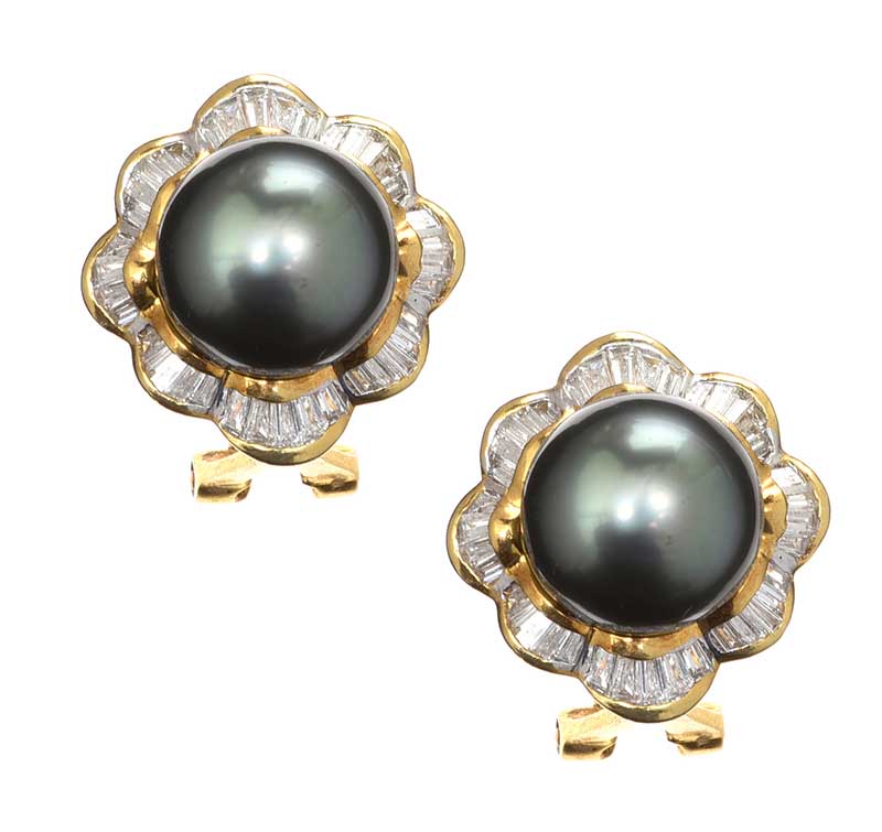 18CT GOLD TAHITIAN PEARL AND DIAMOND EARRINGS