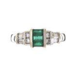 14CT WHITE GOLD EMERALD AND DIAMOND RING