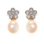 9CT GOLD PEARL AND DIAMOND CLUSTER DROP EARRINGS