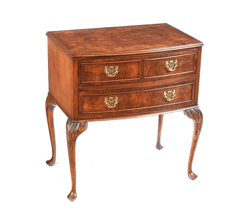 BURR WALNUT CABRIOLE LEG CHEST OF DRAWERS