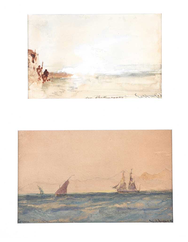 Edwin Hayes, RHA RI ROI - SEA STRIKING ROCKS & CORSICA - Pair of Watercolour Drawings - 4.5 x 7