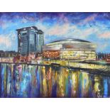 John Stewart - THE WATERFRONT, BELFAST - Oil on Canvas - 16 x 20 inches - Signed