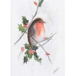 Lawrence Chambers - WINTER ROBIN - Watercolour Drawing - 8 x 6 inches - Signed