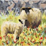 Ronald Keefer - SHEEP & POPPIES - Oil on Board - 12 x 12 inches - Signed